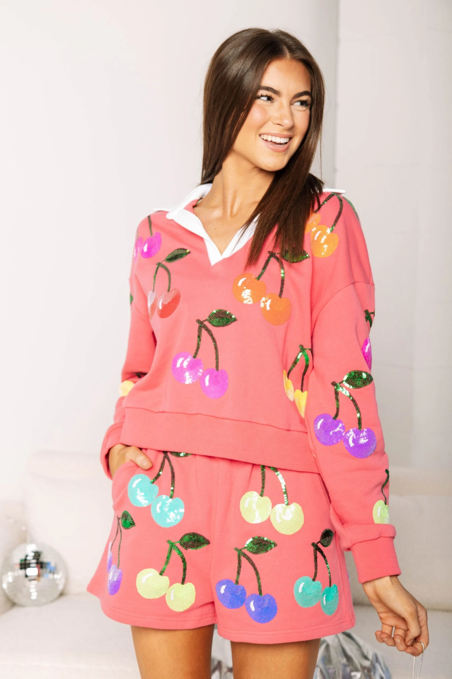 Queen Of Sparkles Bright Pink Rainbow Cherry Shorts - Image 3