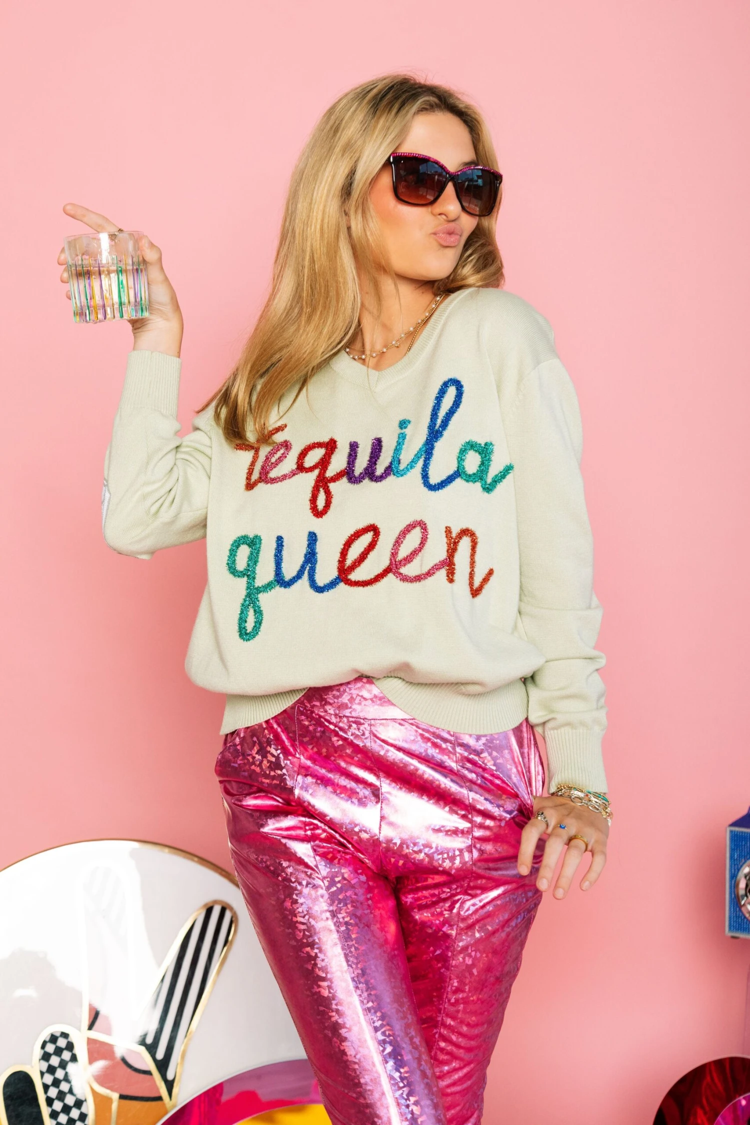 Queen Of Sparkles Light Green Tequila Queen Sweater - Image 3