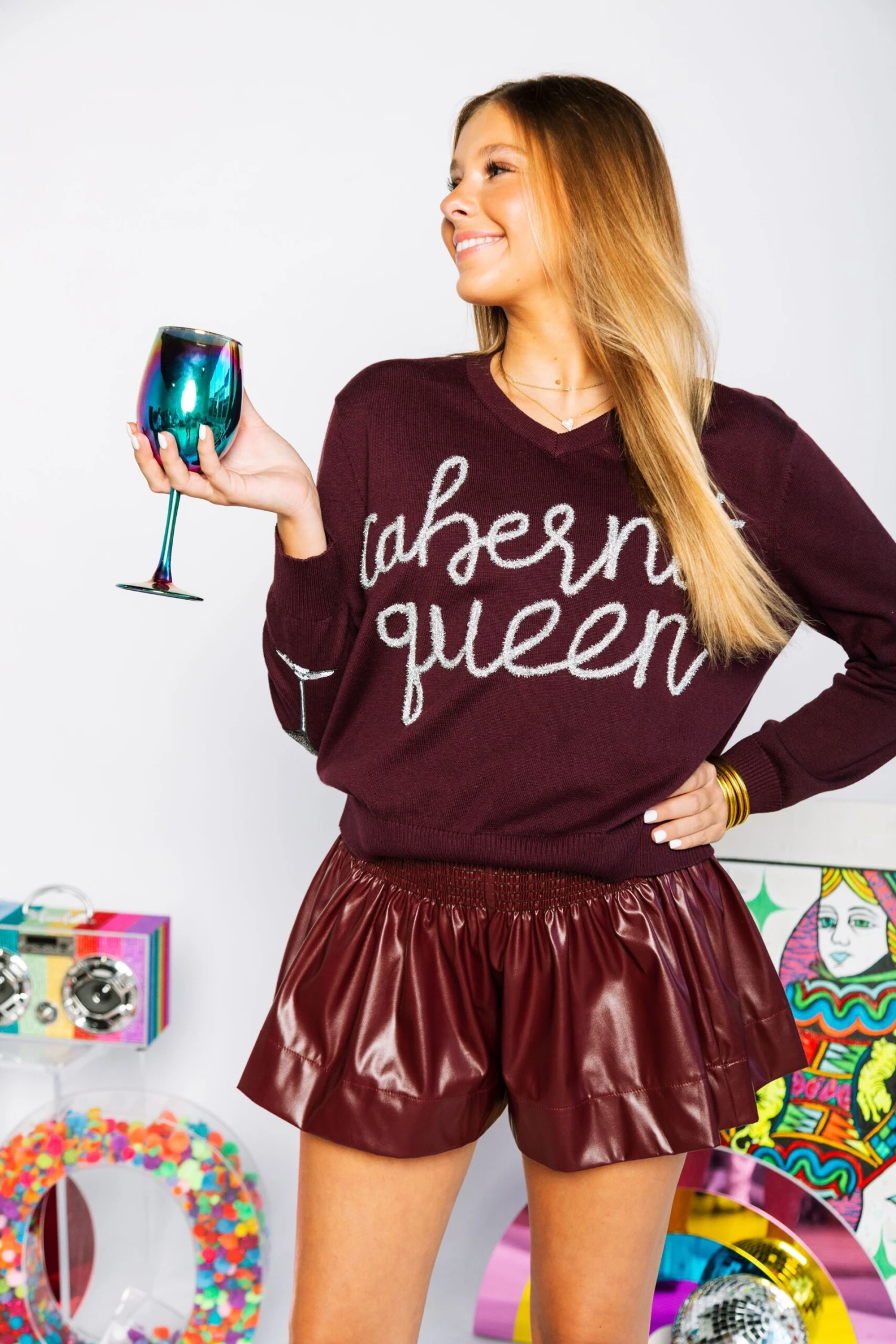 Queen Of Sparkles Maroon Leather Swing Shorts - Image 4