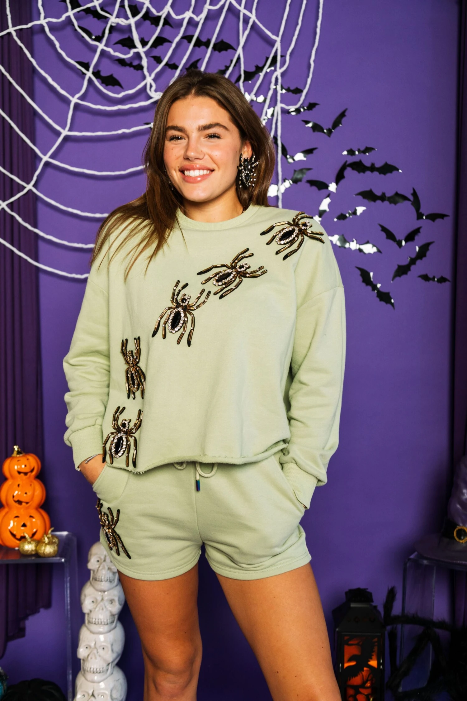 Queen Of Sparkles Moss Green Embellished Spider Short - Image 3