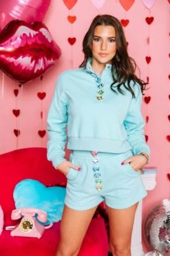 Queen Of Sparkles Aqua Heart Button Henley Shorts