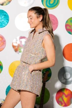 Tan Iridescent Sequin Tweed Shorts