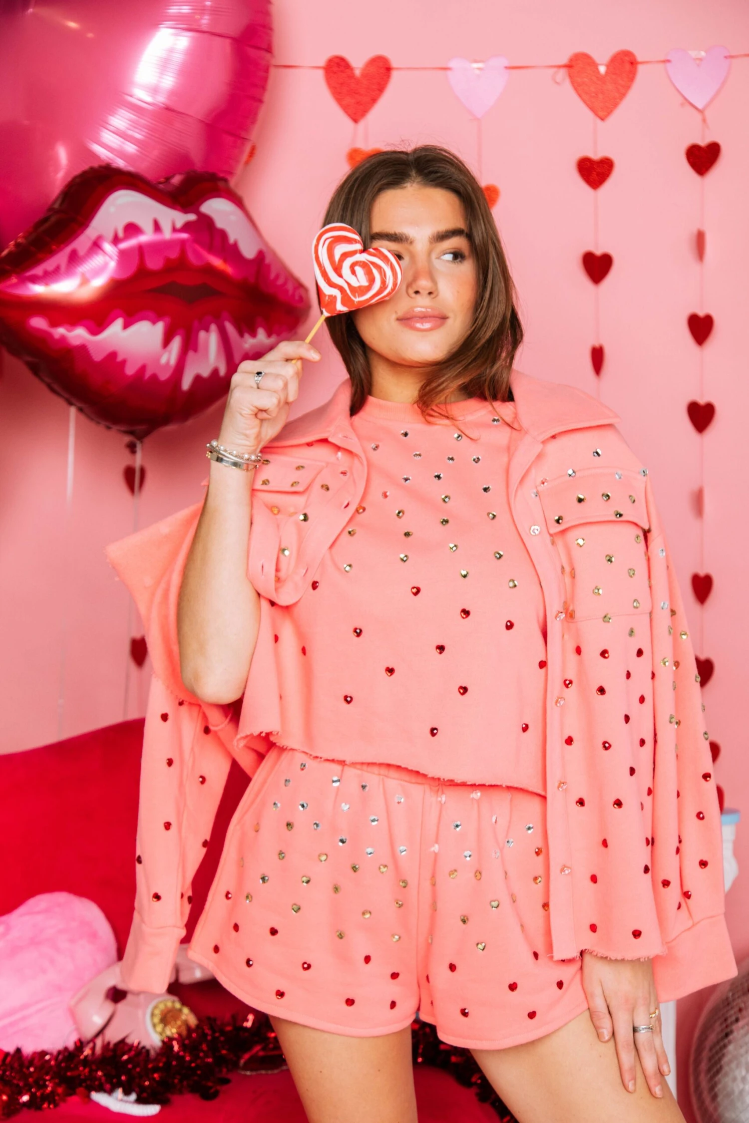 Queen Of Sparkles Pink Heart Jewel Poof Sleeve Top - Image 4