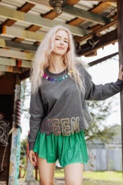 Grey Queen Of Sparkles Cutout Bottom Sweatshirt