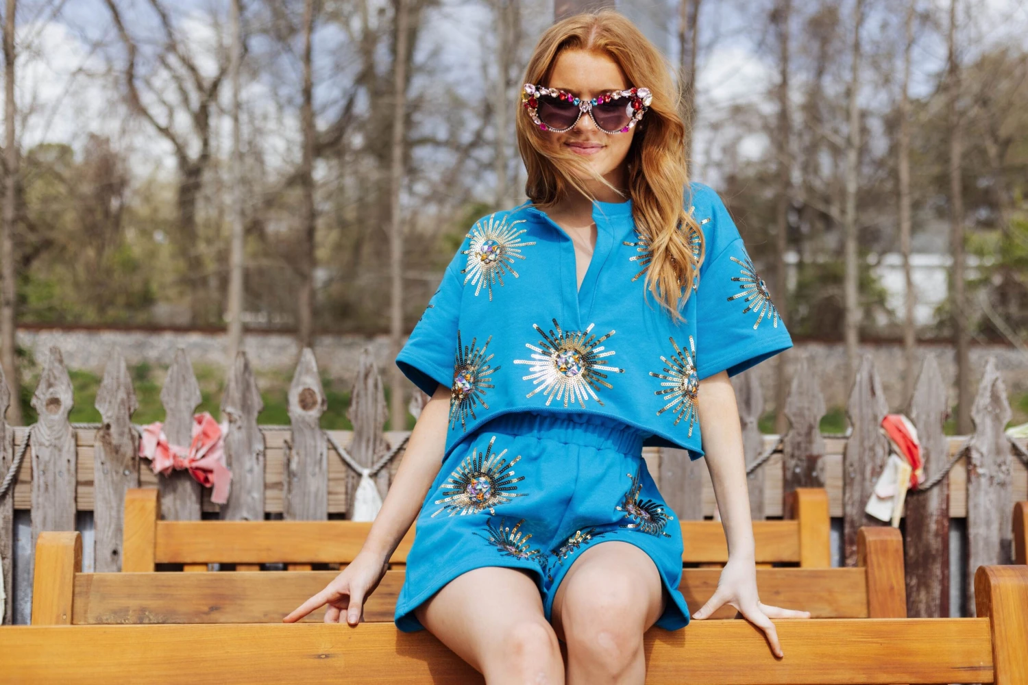 Queen Of Sparkles Bright Blue Sunshine Short Sleeve Sweatshirt - Image 3