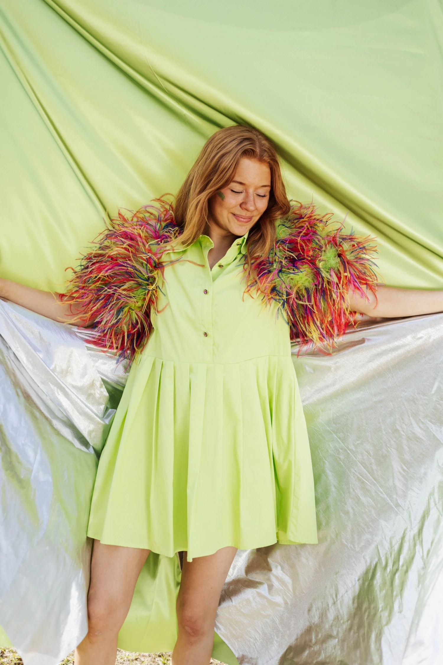 Queen Of Sparkles Lime & Rainbow Feather Sleeve Dress - Image 4