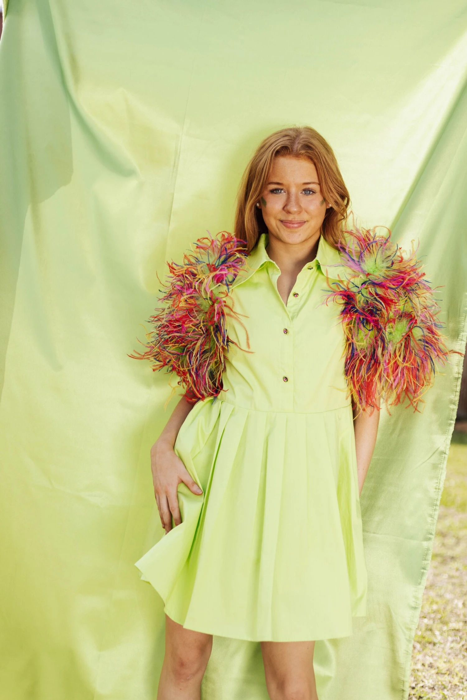 Queen Of Sparkles Lime & Rainbow Feather Sleeve Dress - Image 3
