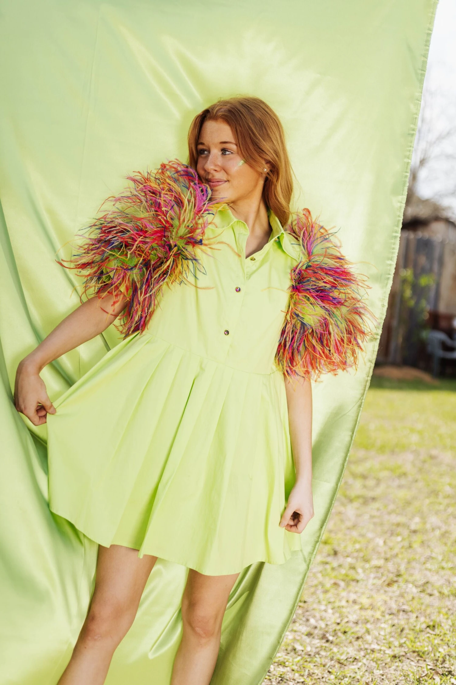 Queen Of Sparkles Lime & Rainbow Feather Sleeve Dress