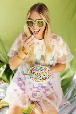 Queen Of Sparkles Rainbow Checkered Mesh Overlay Tee Dress