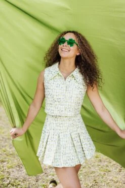 Queen Of Sparkles Green Tweed Sleeveless Collar Tank