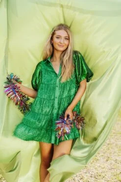Queen Of Sparkles Green Tinsel Sequin Sleeve Dress