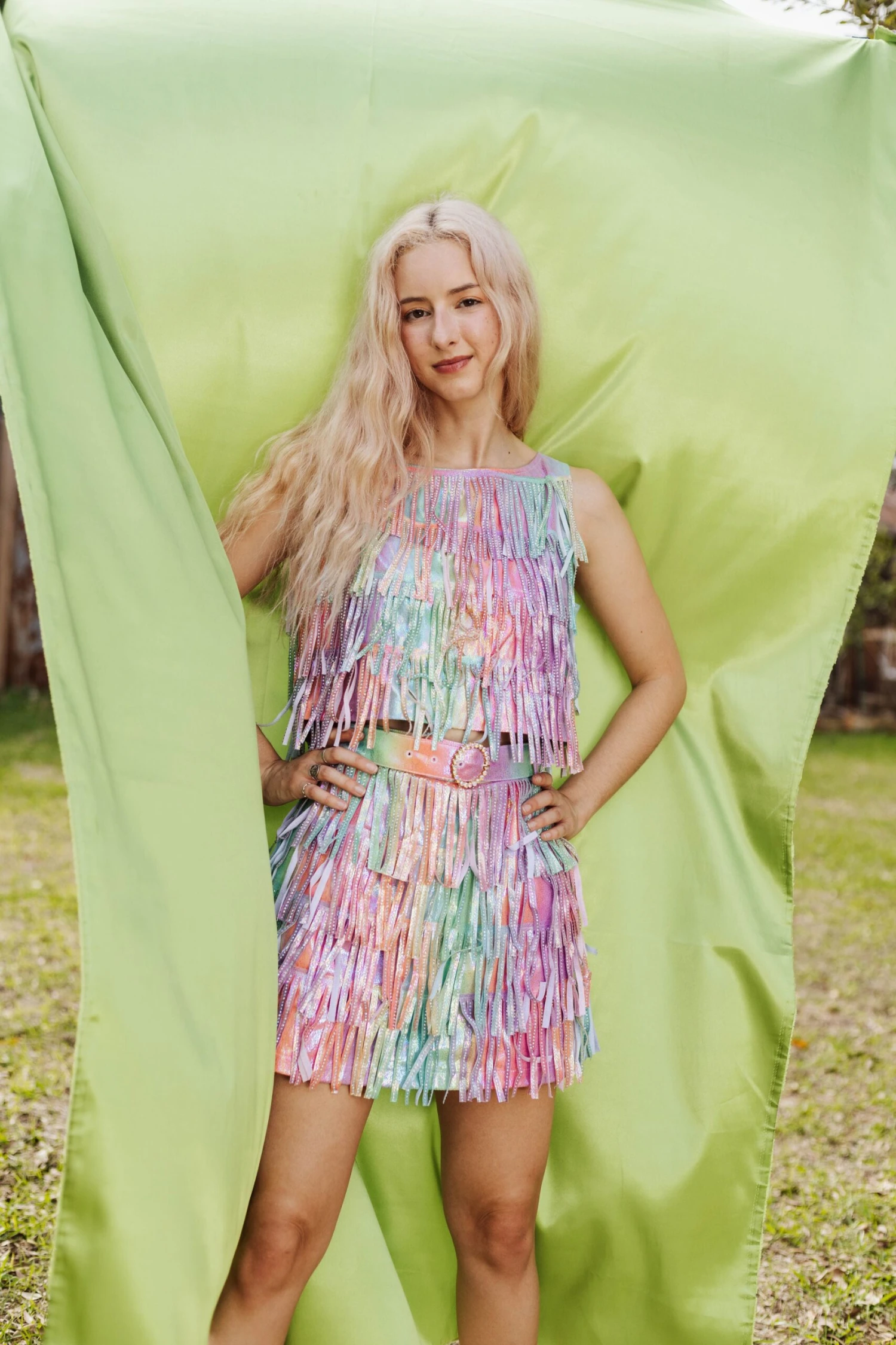 Queen Of Sparkles Rainbow Leather Fringe Belt Skirt - Image 4