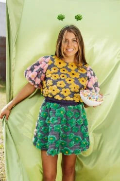 Queen Of Sparkles Yellow Colorblock Flower Fur Top