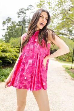 Queen Of Sparkles Hot Pink Checker Pailette Collar Dress