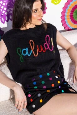 Black Glitter Script Salud! Sweater Tank