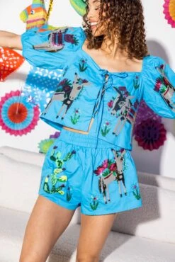 Aqua Donkey & Cactus Poof Sleeve Top