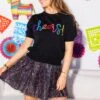 Black Cheers Glitter Script Short Sleeve Sweater
