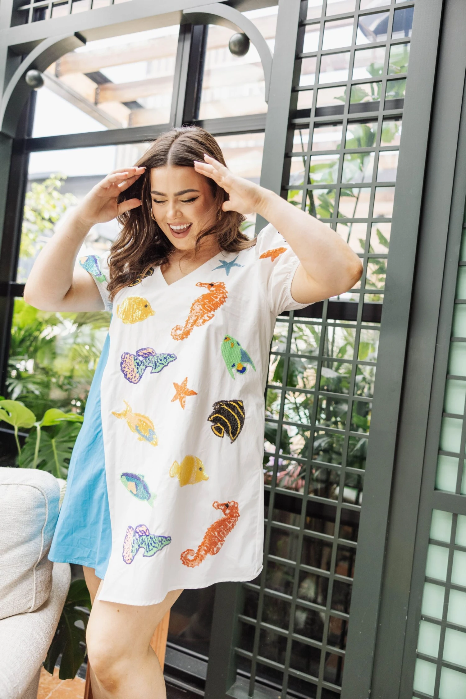 Queen Of Sparkles White & Blue Fish Poof Sleeve Dress - Image 2