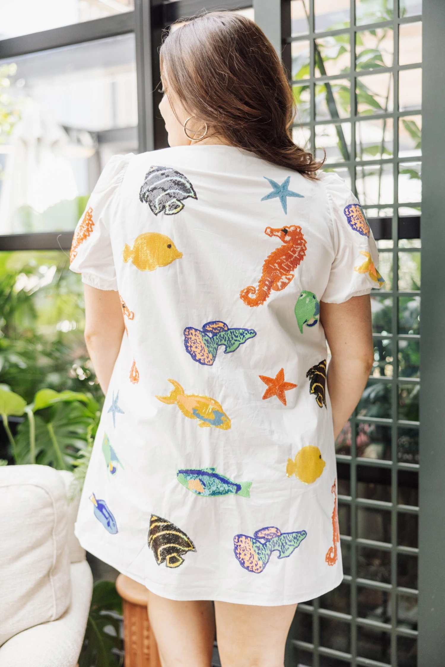 Queen Of Sparkles White & Blue Fish Poof Sleeve Dress - Image 4