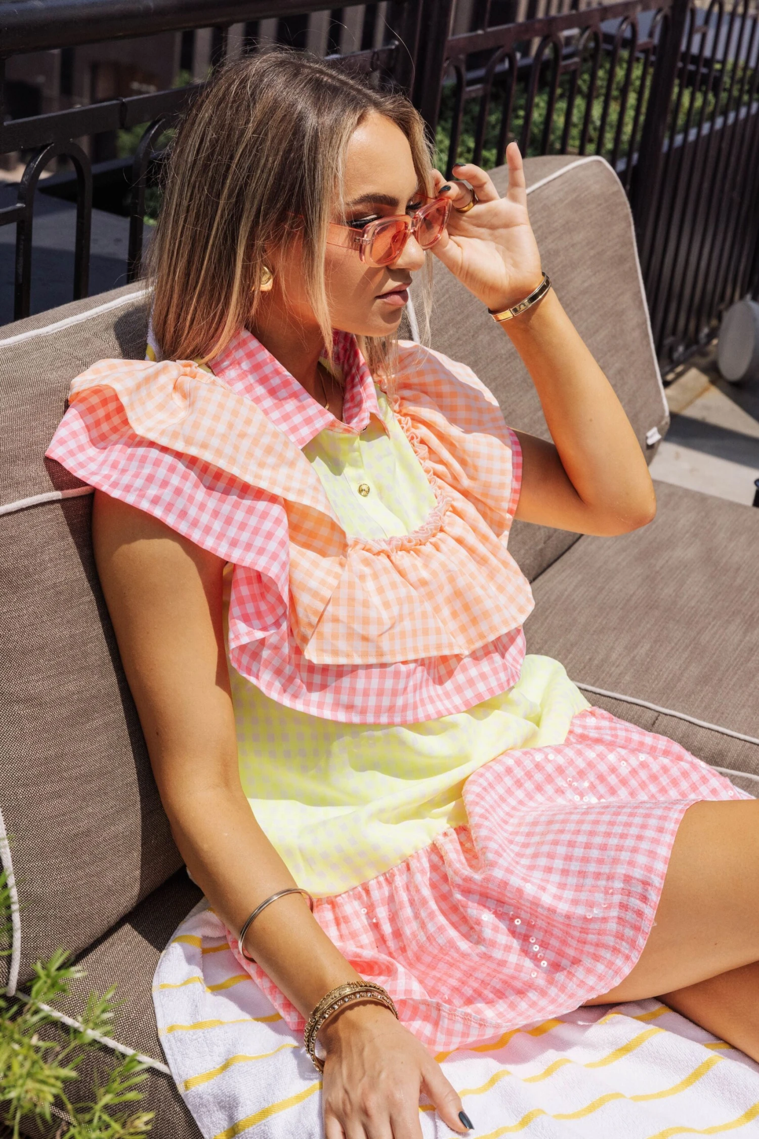Neon Checkered Ruffle Dress - Image 2