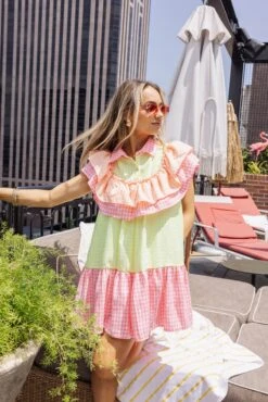 Neon Checkered Ruffle Dress