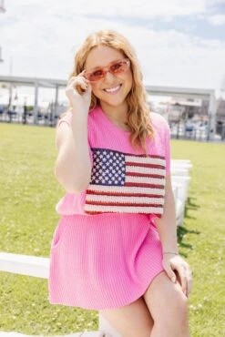 Neon Pink American Flag Sweater Tank