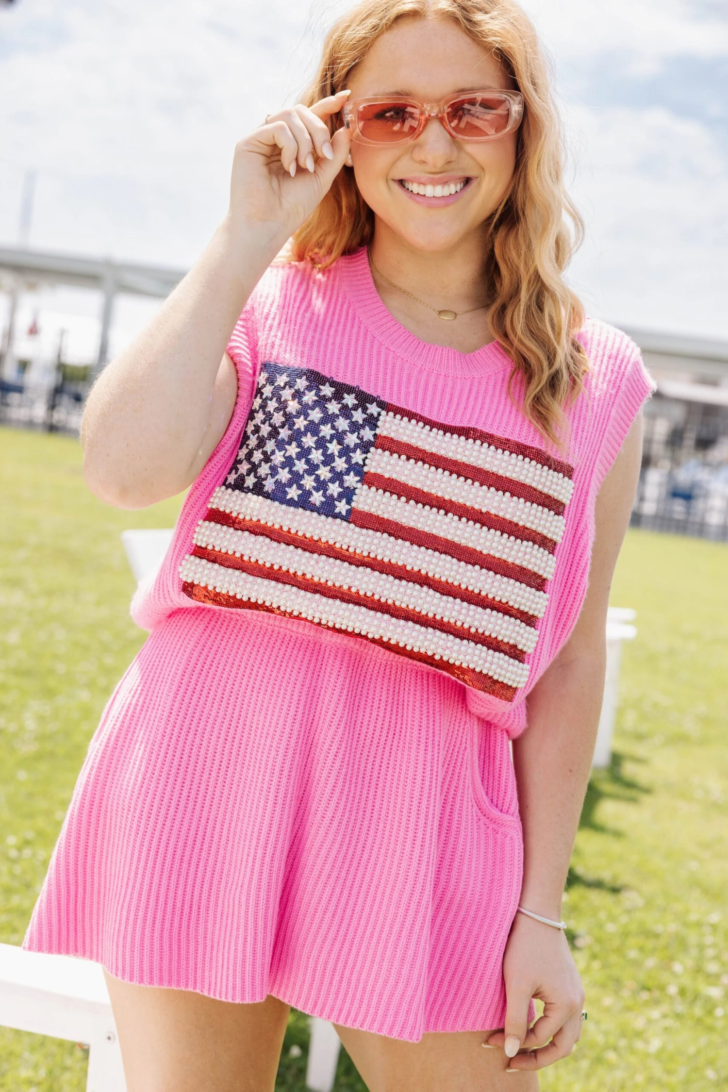Neon Pink American Flag Sweater Tank - Image 3