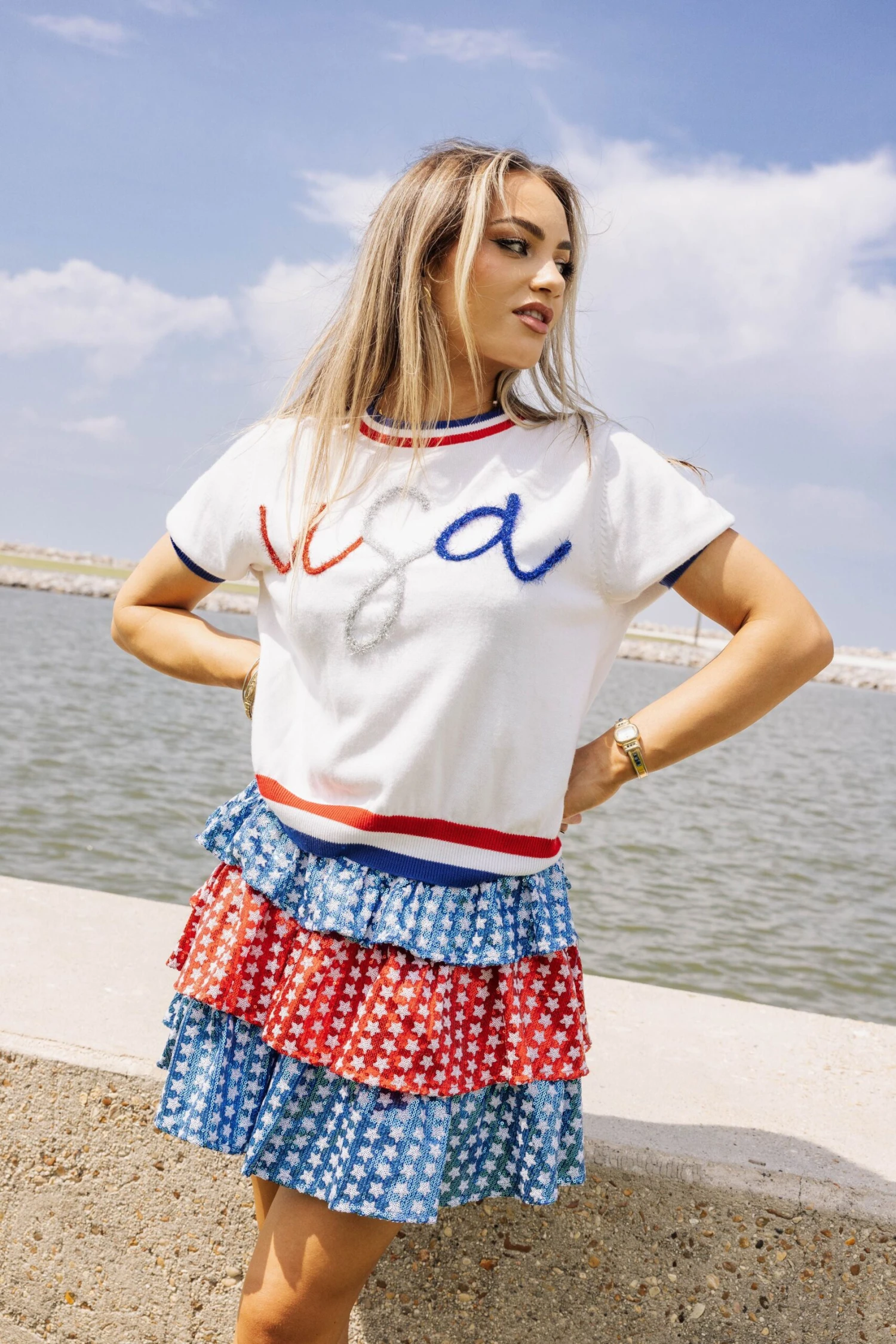 Queen Of Sparkles Red, White & Blue Sequin Star Skort - Image 3