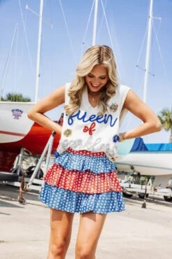 Queen Of Sparkles Red, White & Blue Sequin Star Skort