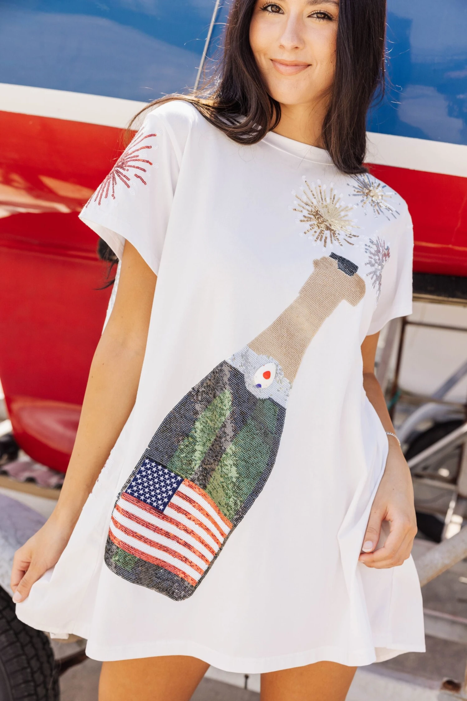 Queen Of Sparkles White USA Popping Champagne Tee Dress - Image 4