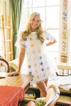 Queen Of Sparkles White Mesh Overlay Rainbow Polka Dot Tee Dress