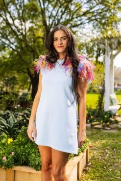 Queen Of Sparkles Sky Blue Shoulder Pad Dress With Rainbow Feather Shoulders