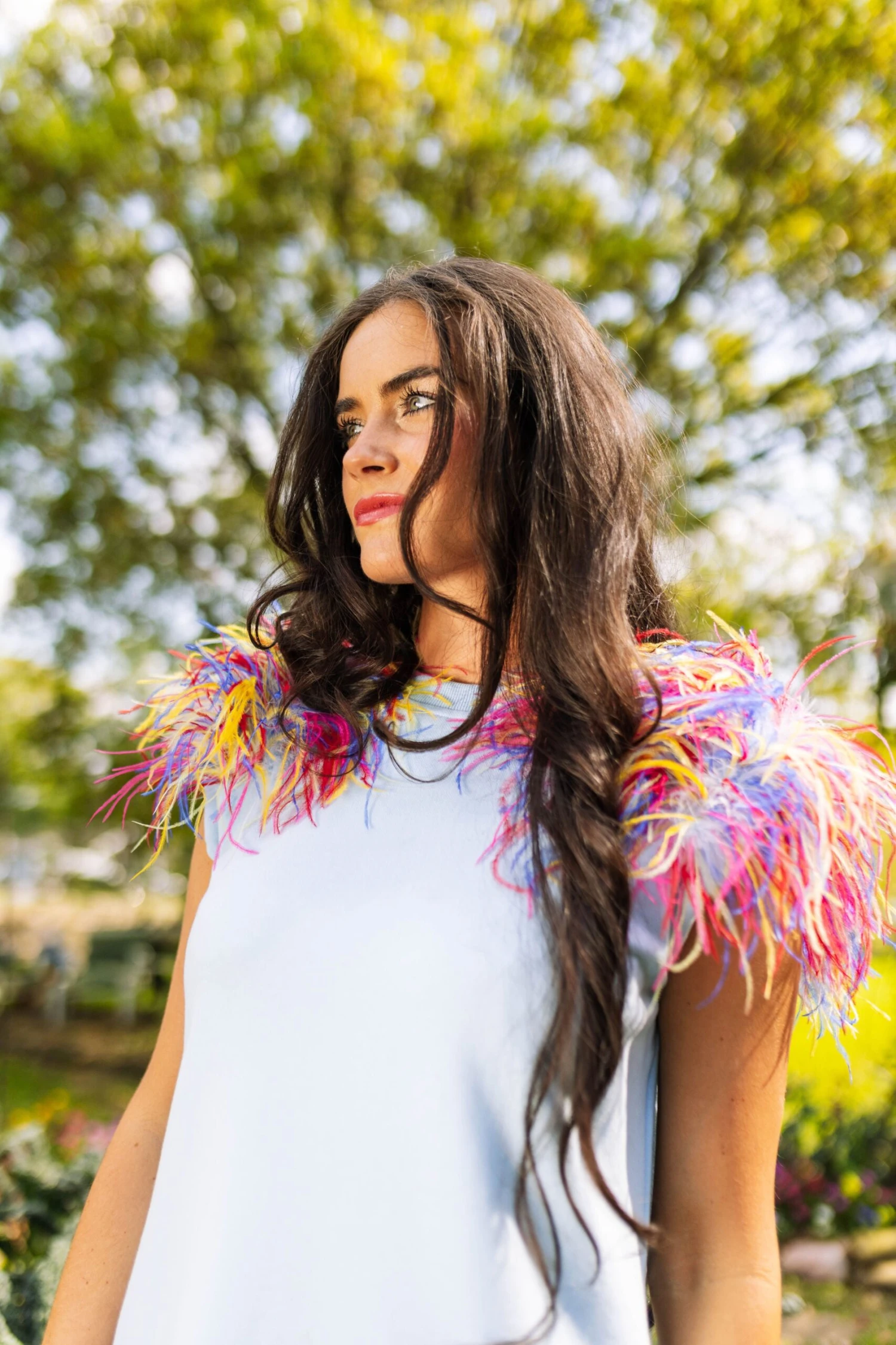 Queen Of Sparkles Sky Blue Shoulder Pad Dress With Rainbow Feather Shoulders - Image 2