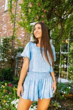 Queen Of Sparkles Light Blue & Silver Ribbed Flutter Top