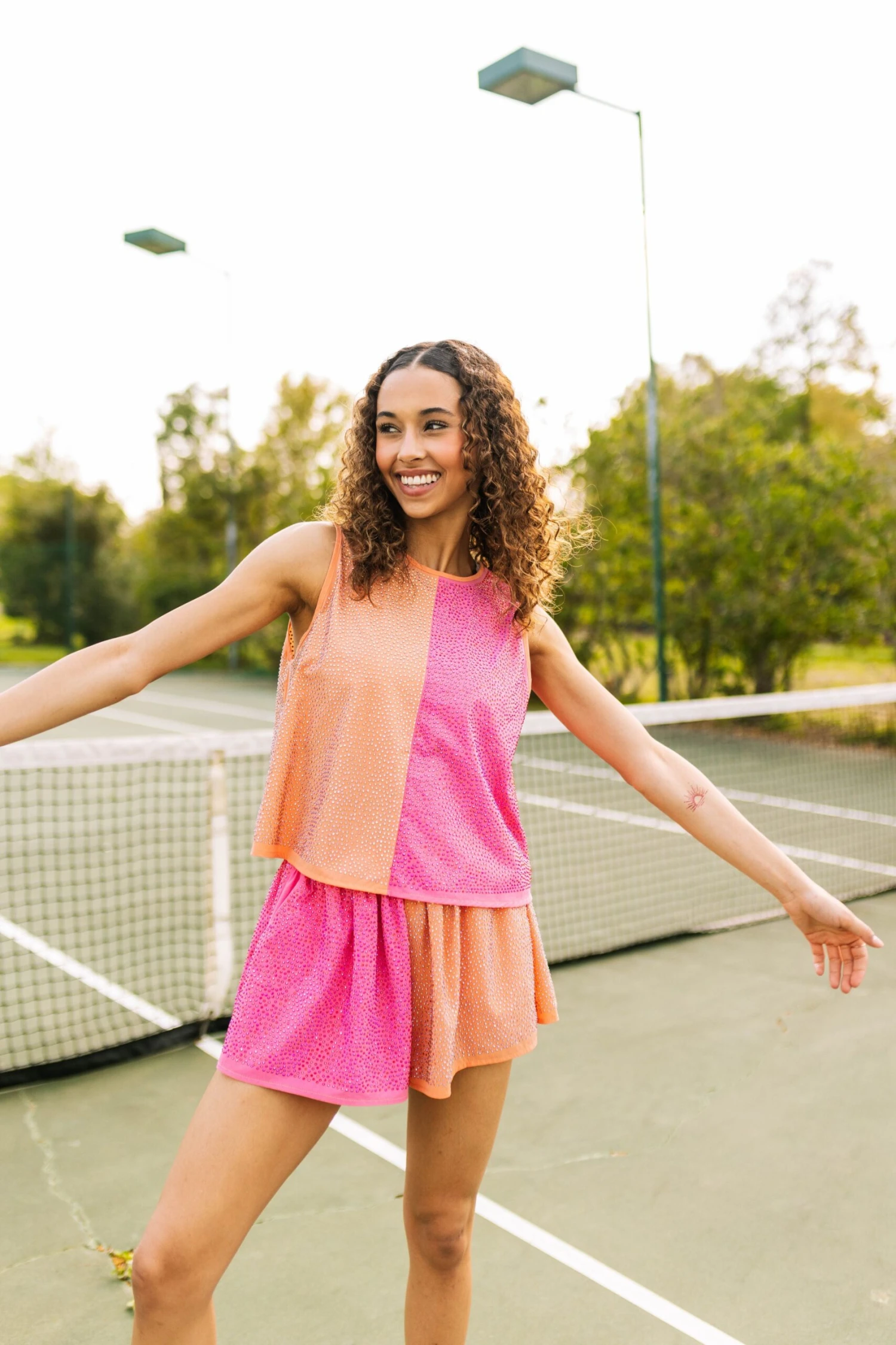 Queen Of Sparkles Pale Orange & Coral Active Rhinestone Short - Image 2