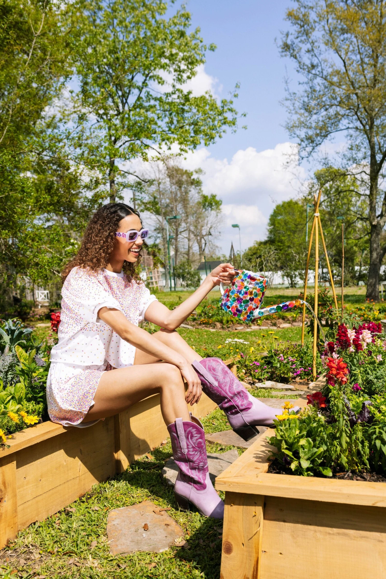 Queen Of Sparkles White Striped Scattered Sequin Shorts - Image 2
