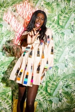 Queen Of Sparkles Beige Rainbow Lipstick Dress