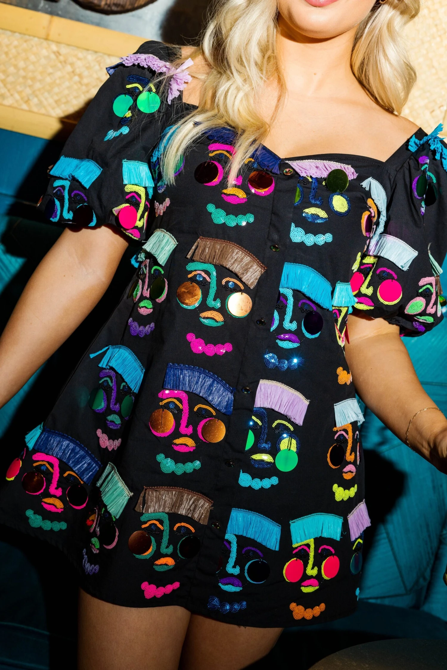 Black Poof Sleeve Faces Dress - Image 2